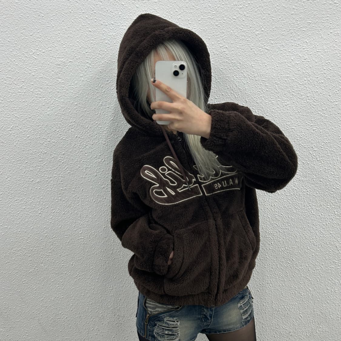 후아유 센터로고 브라운 후리스 후드집업 S 상품이미지3