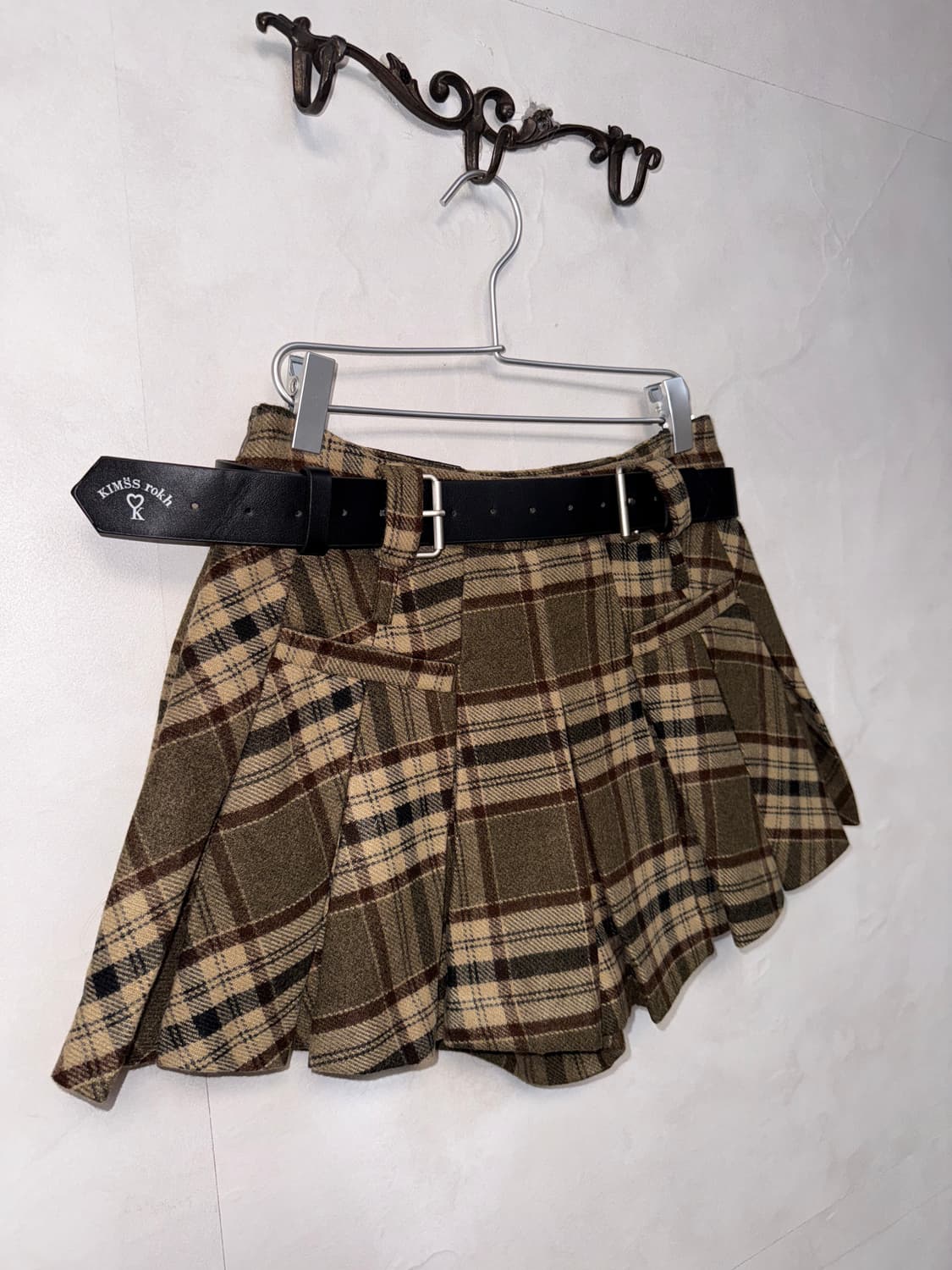 Brown check belted pleats skirt pants  상품이미지2