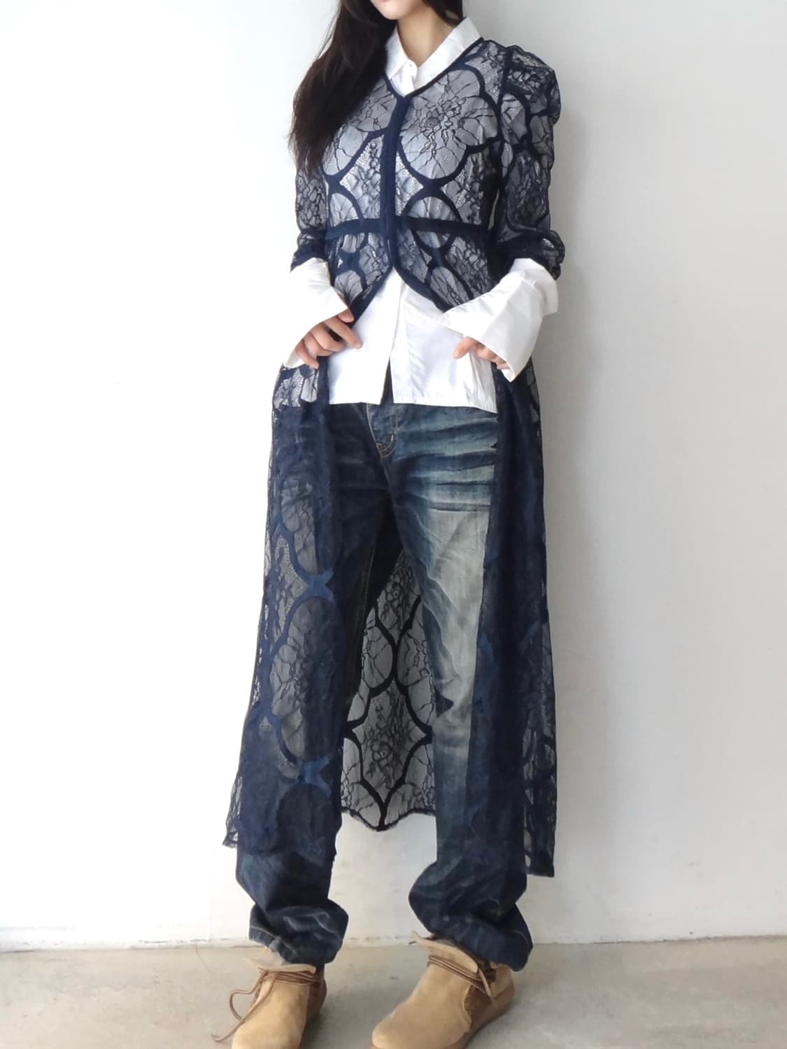 Lace layered long robe & top / navy 상품이미지7