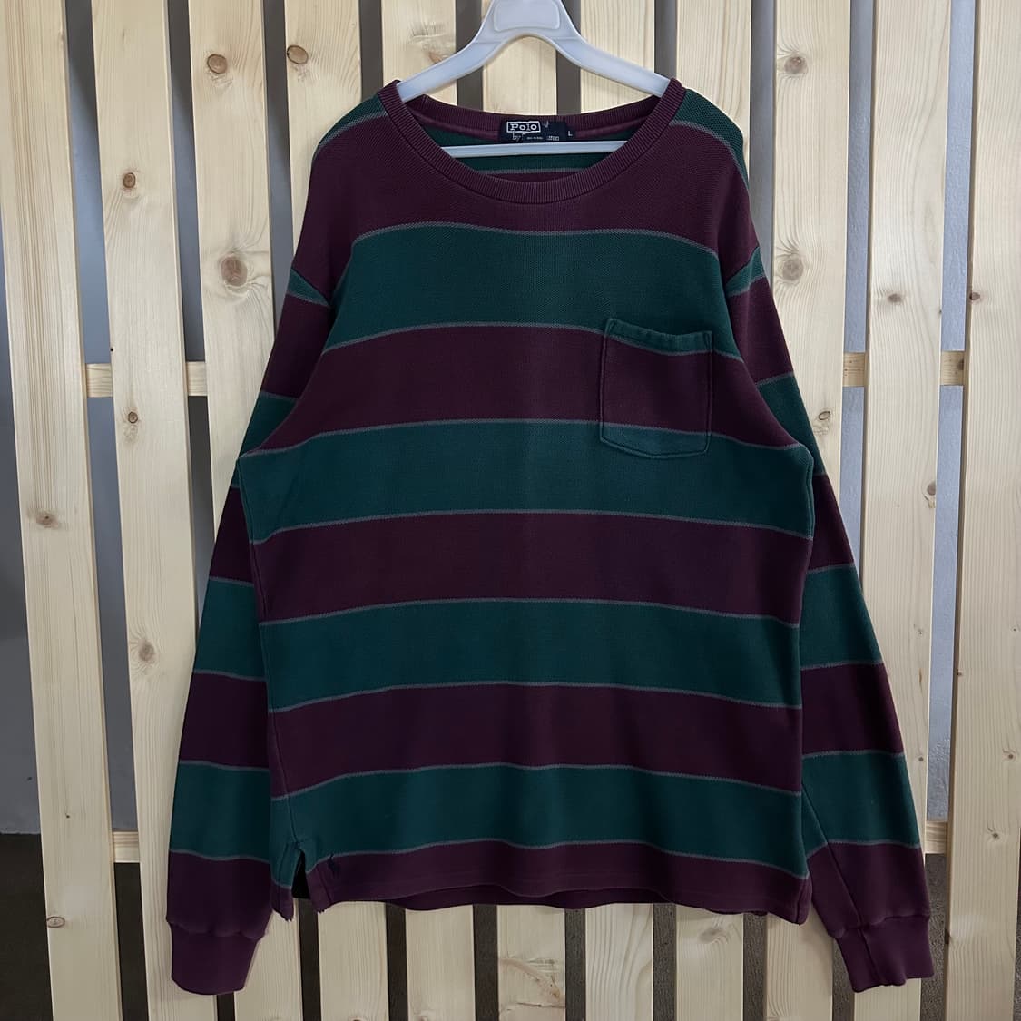 (L) 폴로 랄프로렌 버건디 딥그린 스트라이프 포켓 롱슬리브 티셔츠 상품이미지1