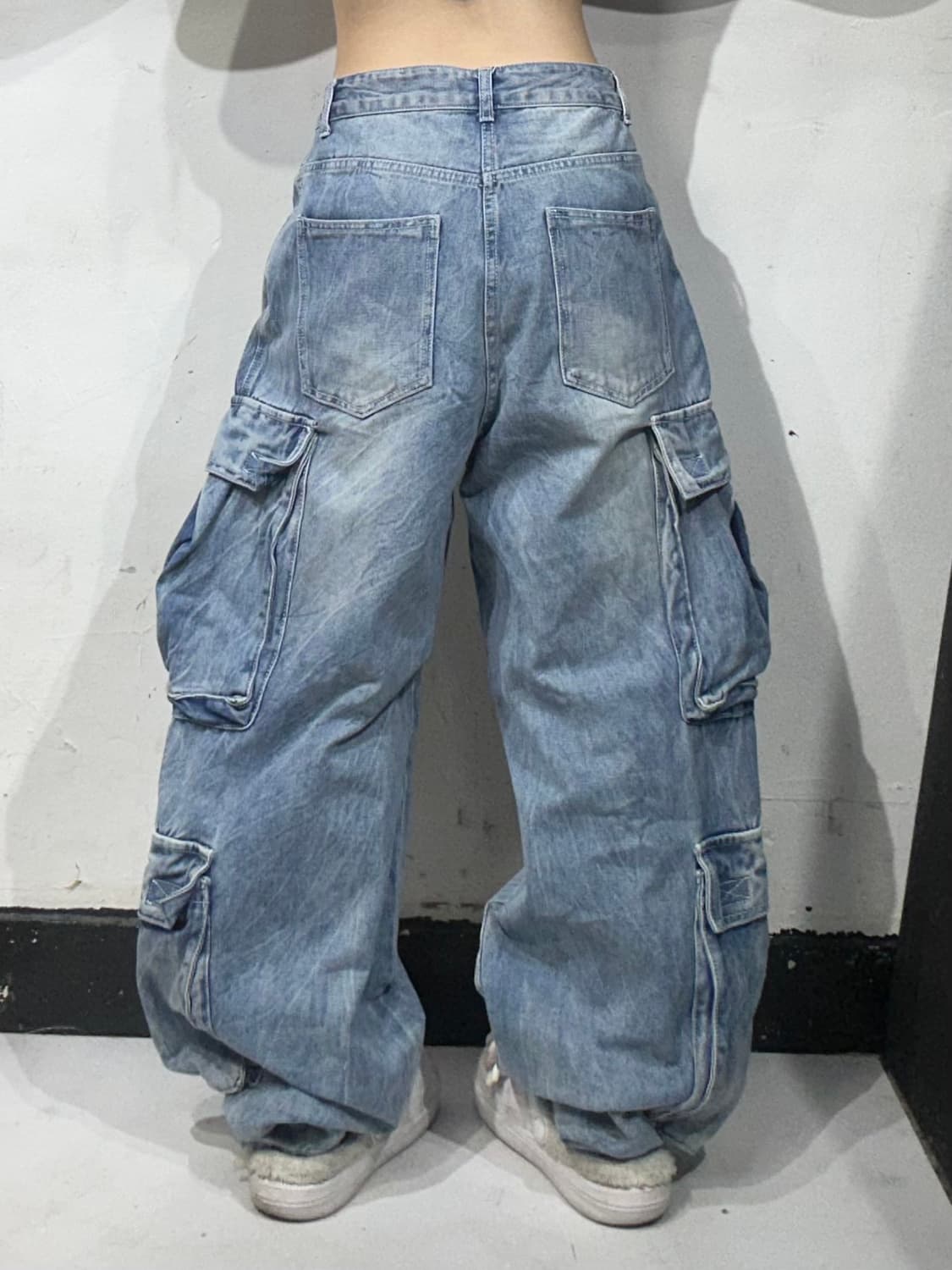 빈티지 연청 대대장 와이드 데님 카고 팬츠 멀티 포켓 캣워싱 청바지 M 상품이미지3