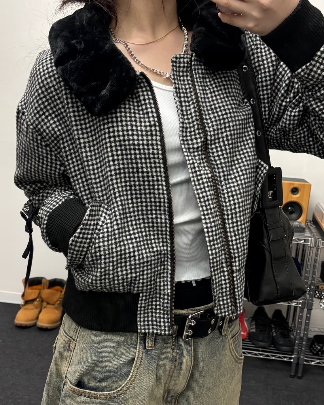올드 빈티지 체크패턴 크롭 퍼 자켓 상품이미지1