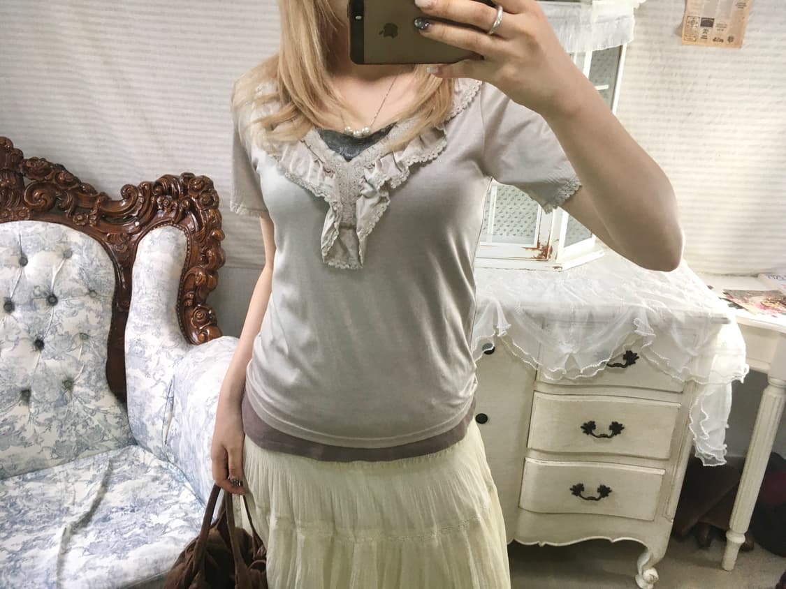 빈티지 베이지 러플 로걀 레이스 반팔 상품이미지1