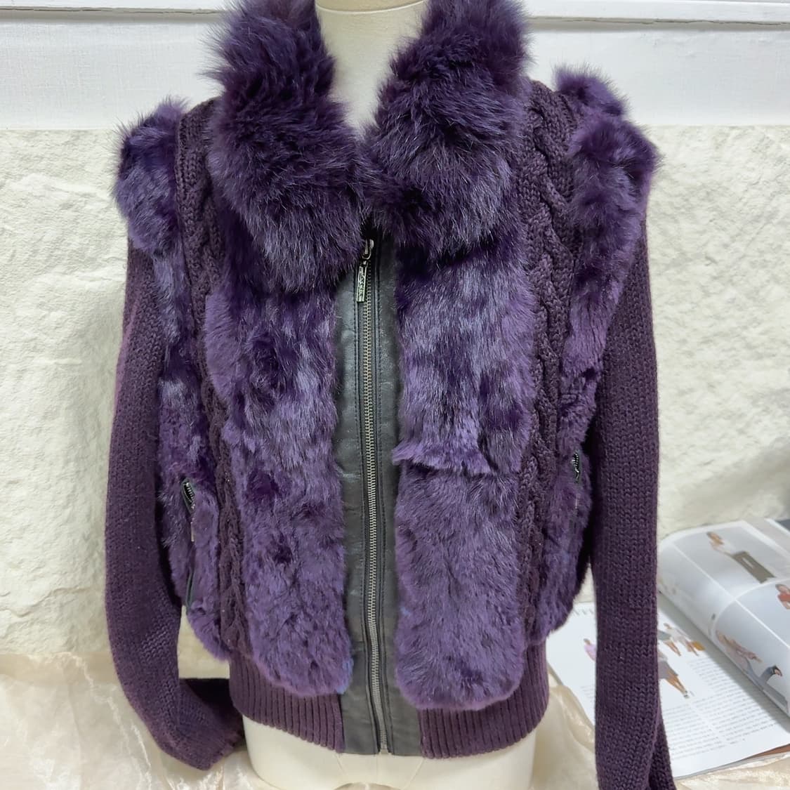 빈티지 다크 퍼플 폭스퍼 카라 토끼털 꽈배기 니트자켓 가디건 상품이미지1