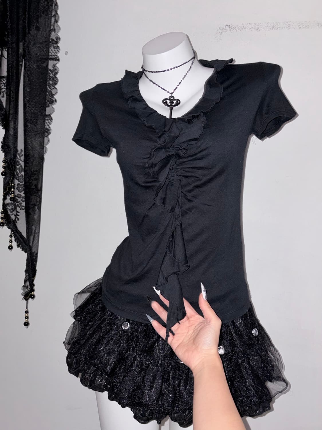 올블랙 고스코디세트 공겜여주 고딕 다크페어리 3피스 상품이미지6