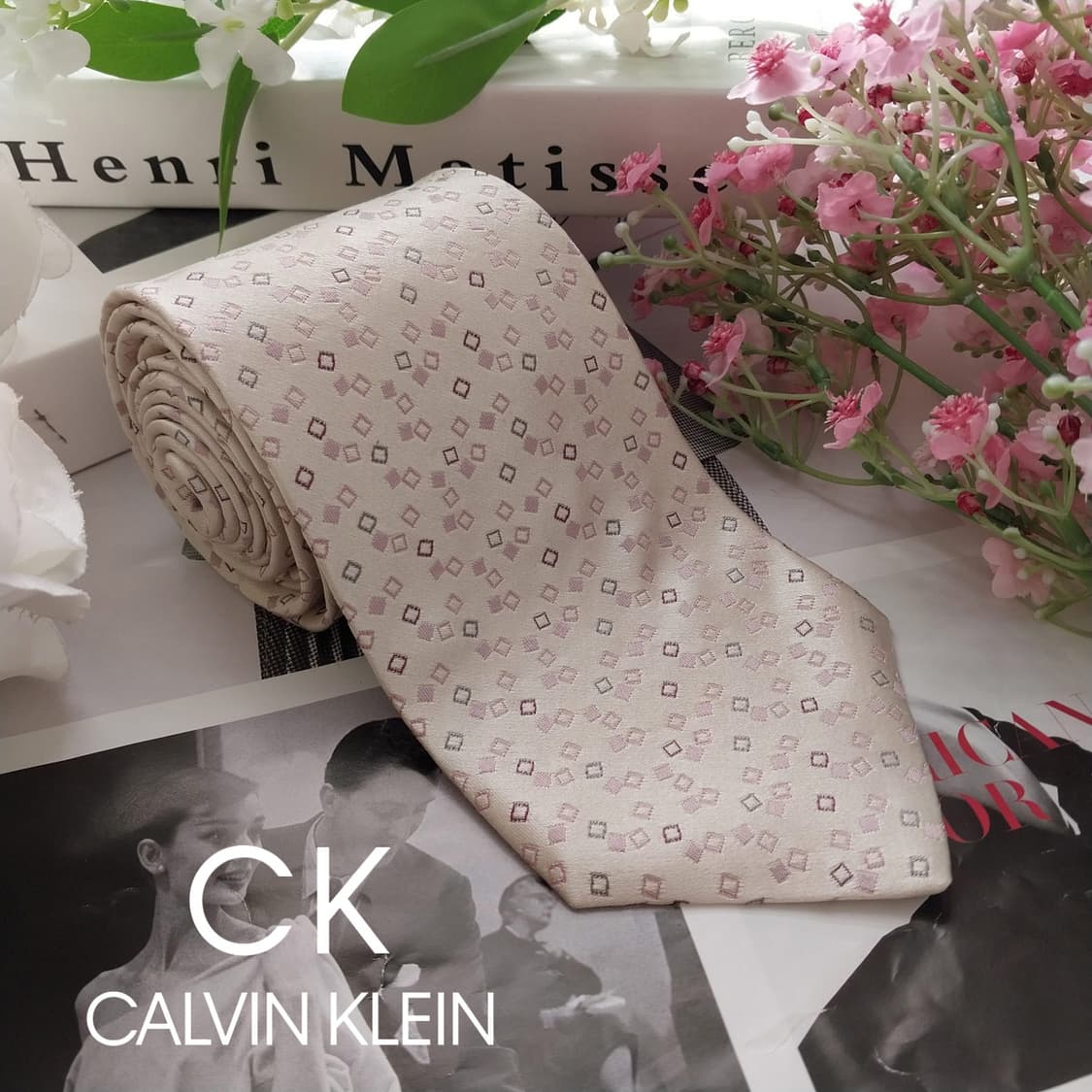 캘빈클라인 실크 아이보리 핑크 패턴 넥타이 8.7cm A+등급 K1841 상품이미지2