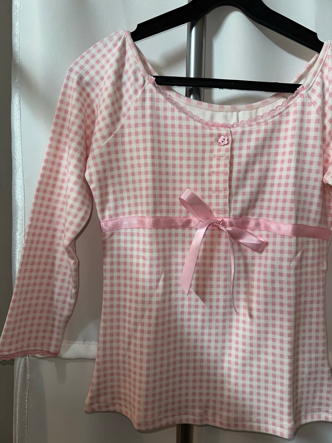 핑크 리본 체크 긴팔티 상품이미지3