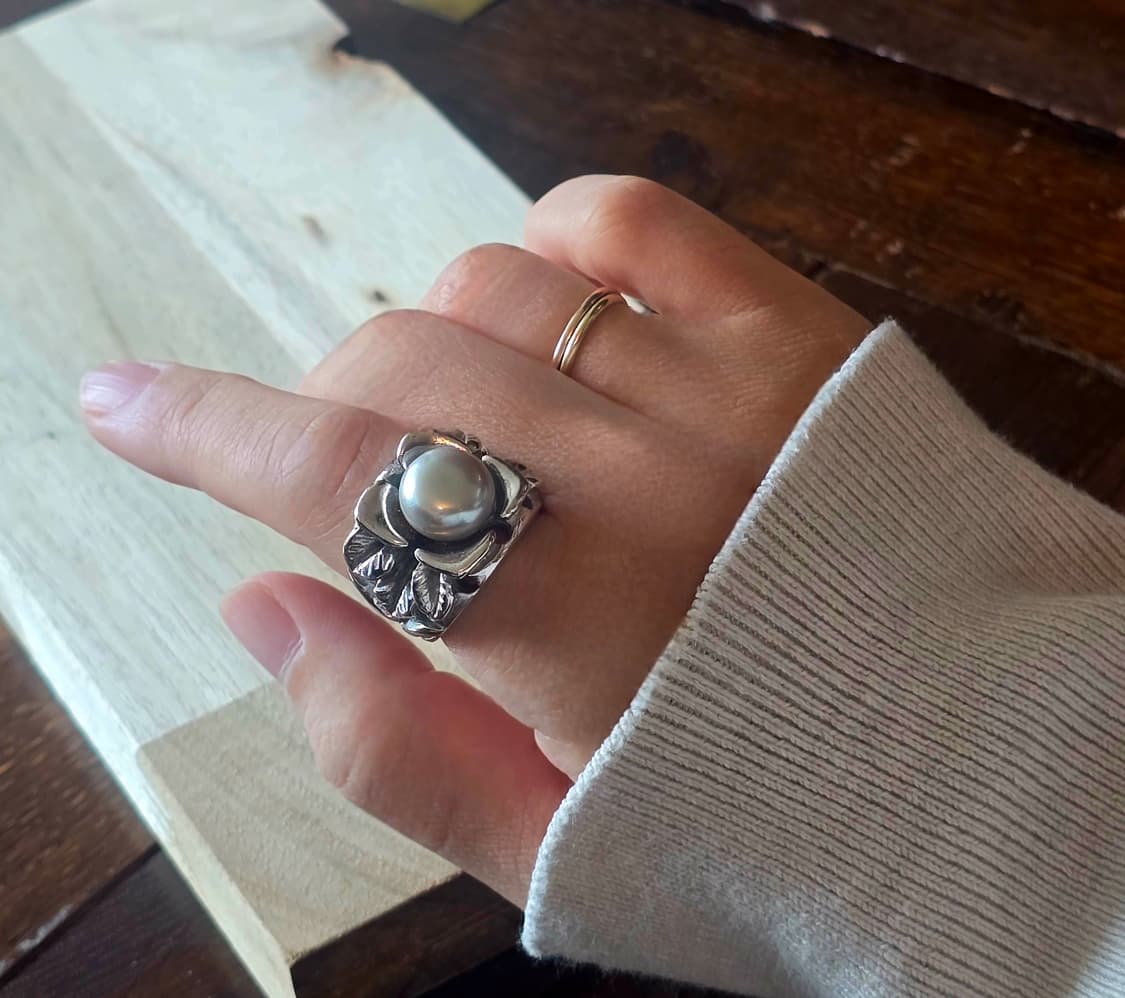 빈티지 실버 나뭇잎 모티브 진주 반지 상품이미지4
