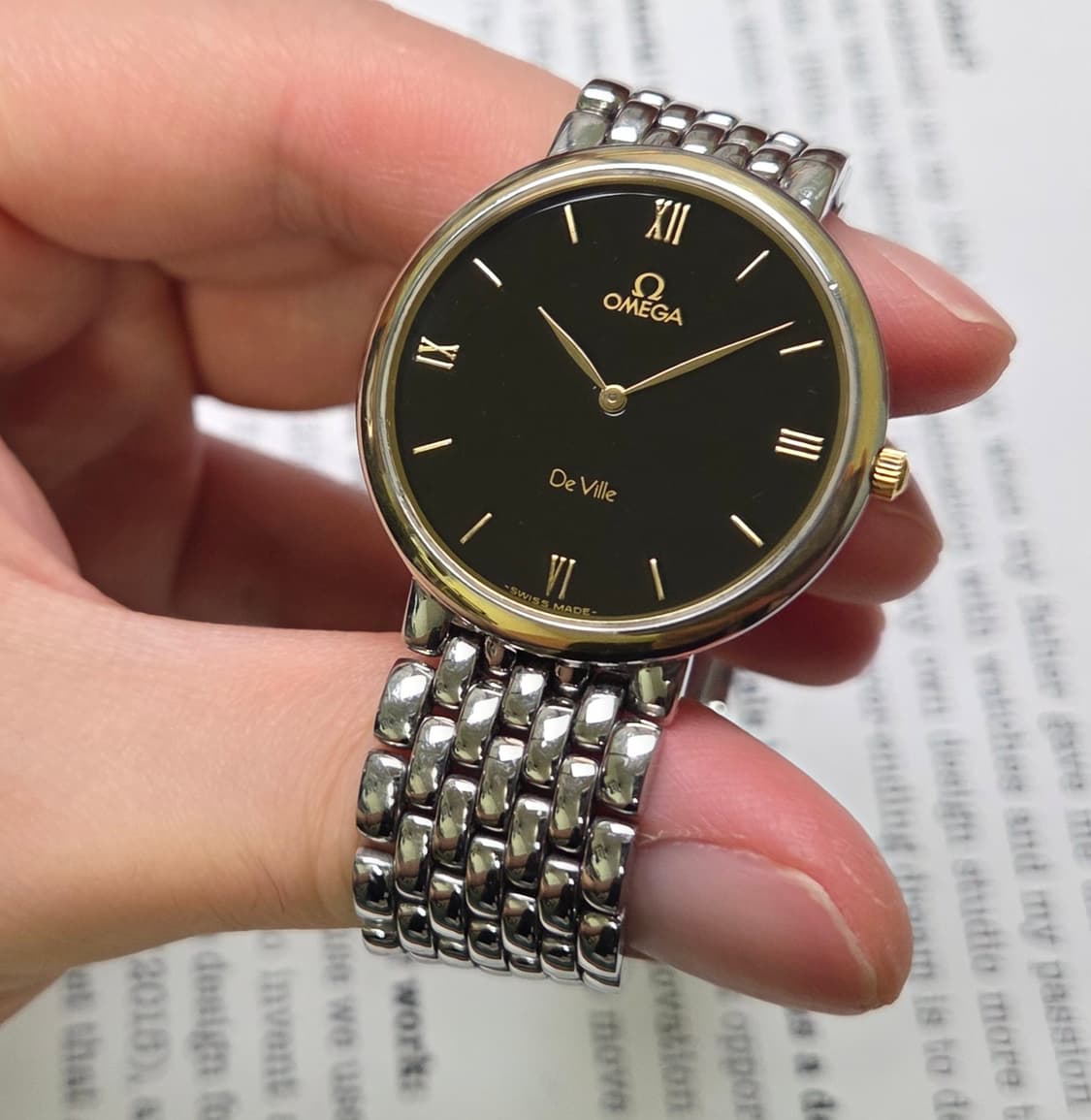 빈티지 오메가 드빌 18K베젤 블랙로만 슬림쿼츠 남성용 쌀알 브레이슬릿 상품이미지5