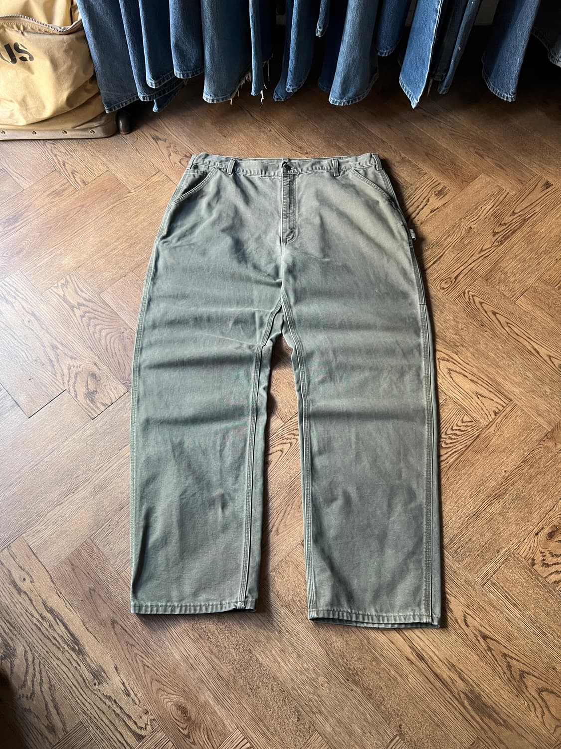 [42]칼하트 Made in USA 빈티지 워싱 모스그린 싱글니 워크팬츠 상품이미지2