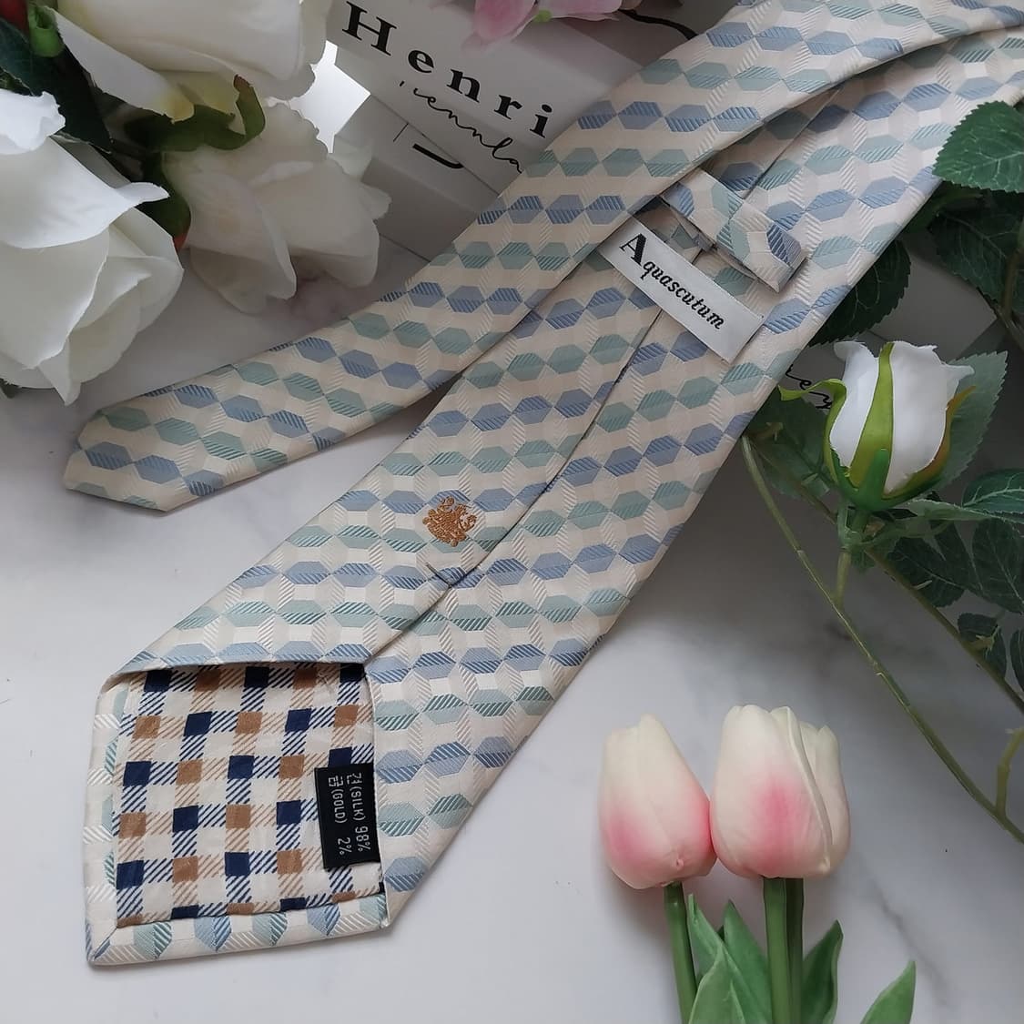 아쿠아스큐텀 아이보리&블루 기하학 넥타이 9.4cm A+등급 K1072
 상품이미지4