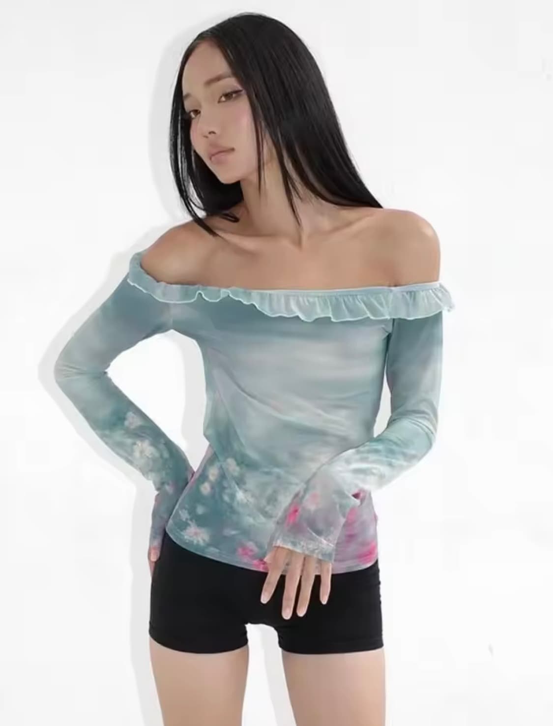y2k 갸루 시스루 타이다이 프릴 오프숄더 메쉬 블라우스 긴팔 티셔츠 상품이미지2