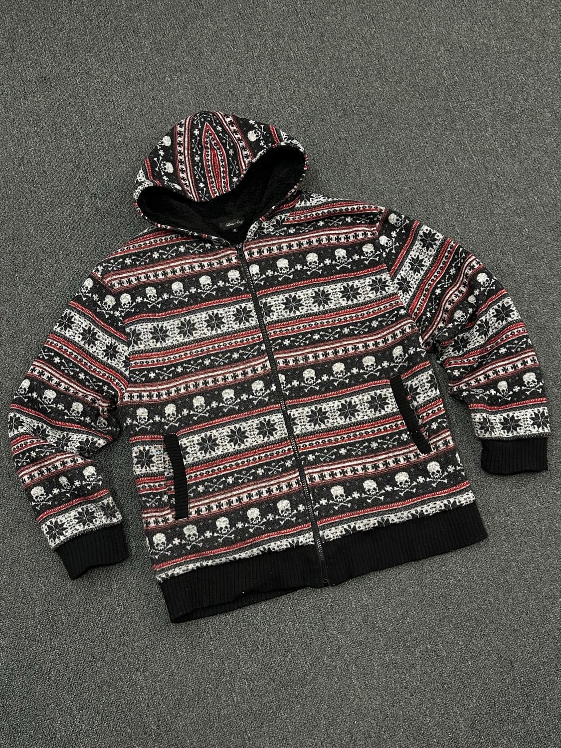 4L)TimeStep 일본 빈티지 스컬 노르딕 패턴 플리스 니트 후드집업 상품이미지3