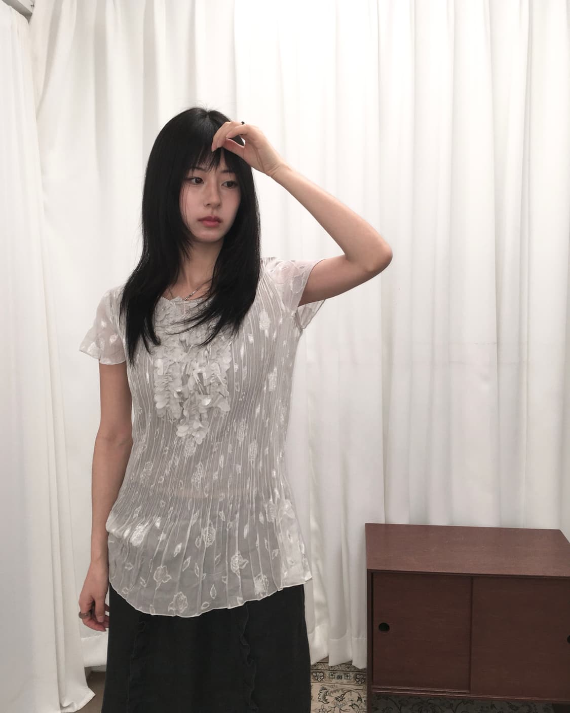 화이트 시스루 반팔 블라우스 상품이미지1