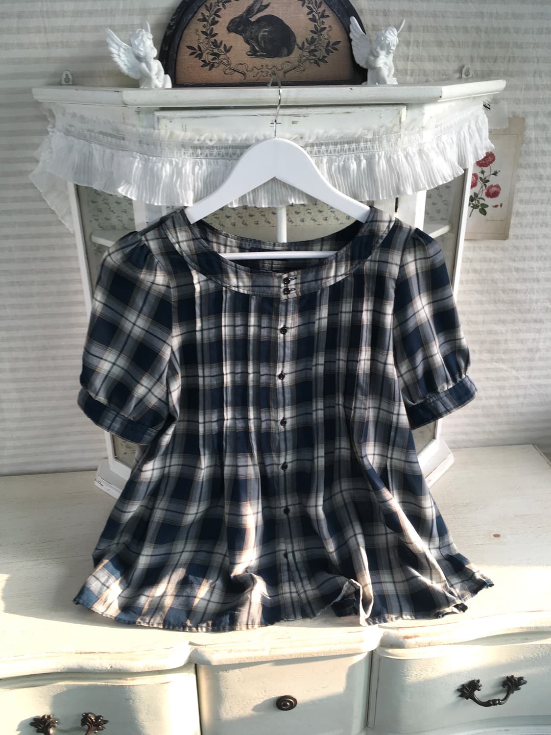 jpn vintage blue check pintuck blouse 상품이미지1