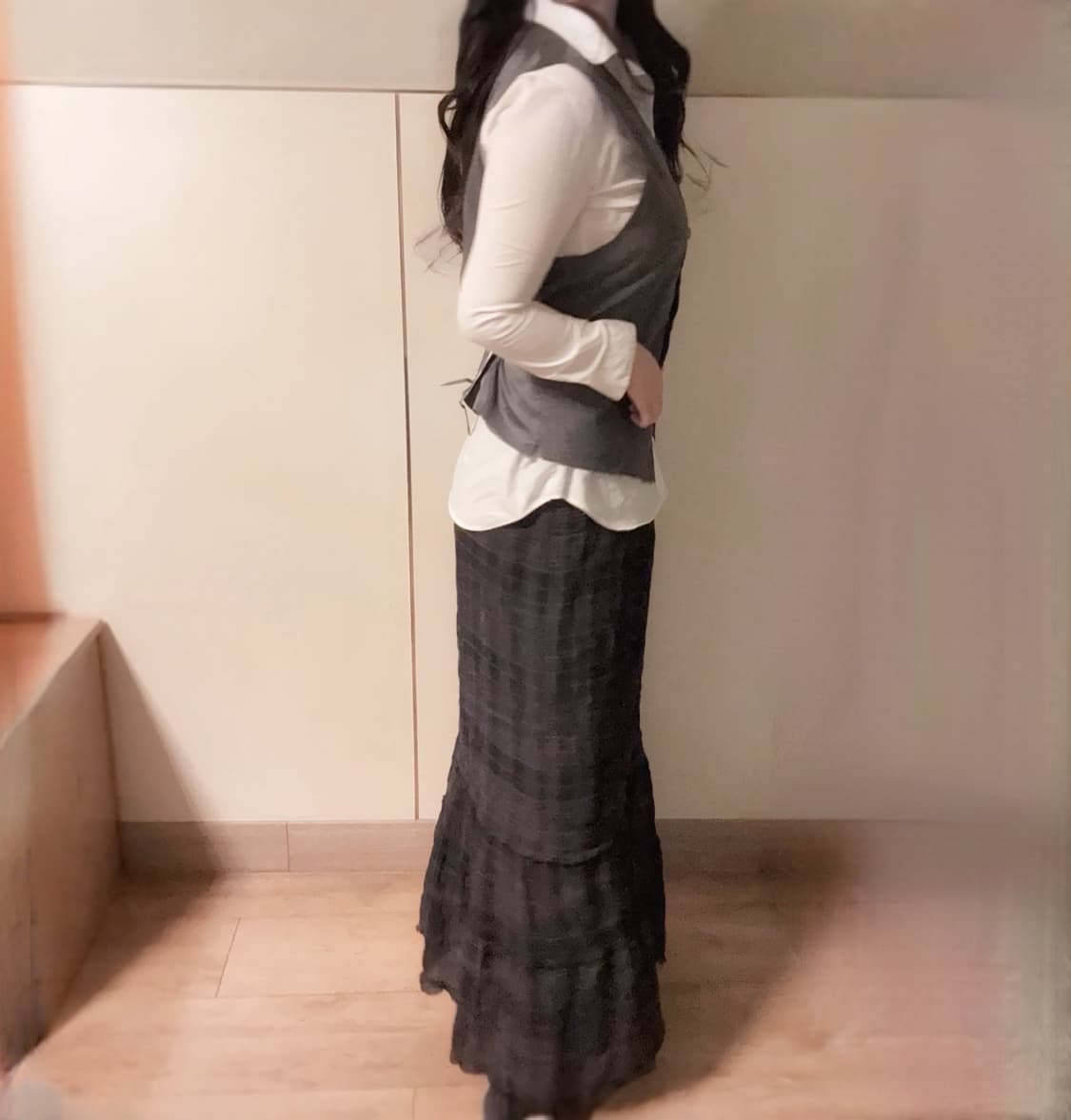 일본 긱시크 프레피 장미 포인트 그레이 베스트 체크 롱스커트 코디세트 상품이미지3