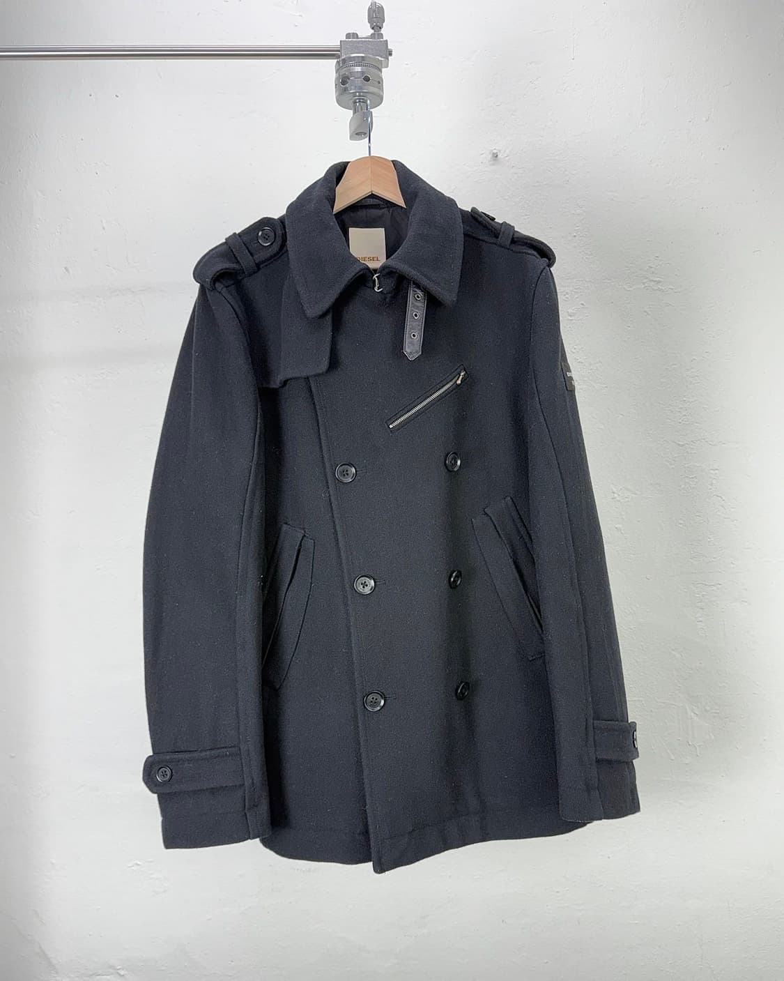 디젤 00s 블랙 투웨이 울 벨티드 카라 밀리터리 하프 코트 상품이미지1