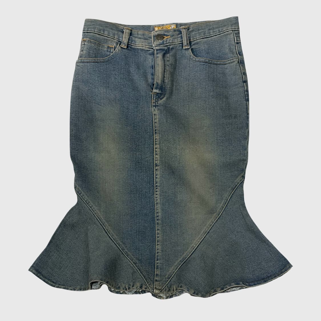 데님 부츠컷 플레어 머메이드 미디스커트 상품이미지1