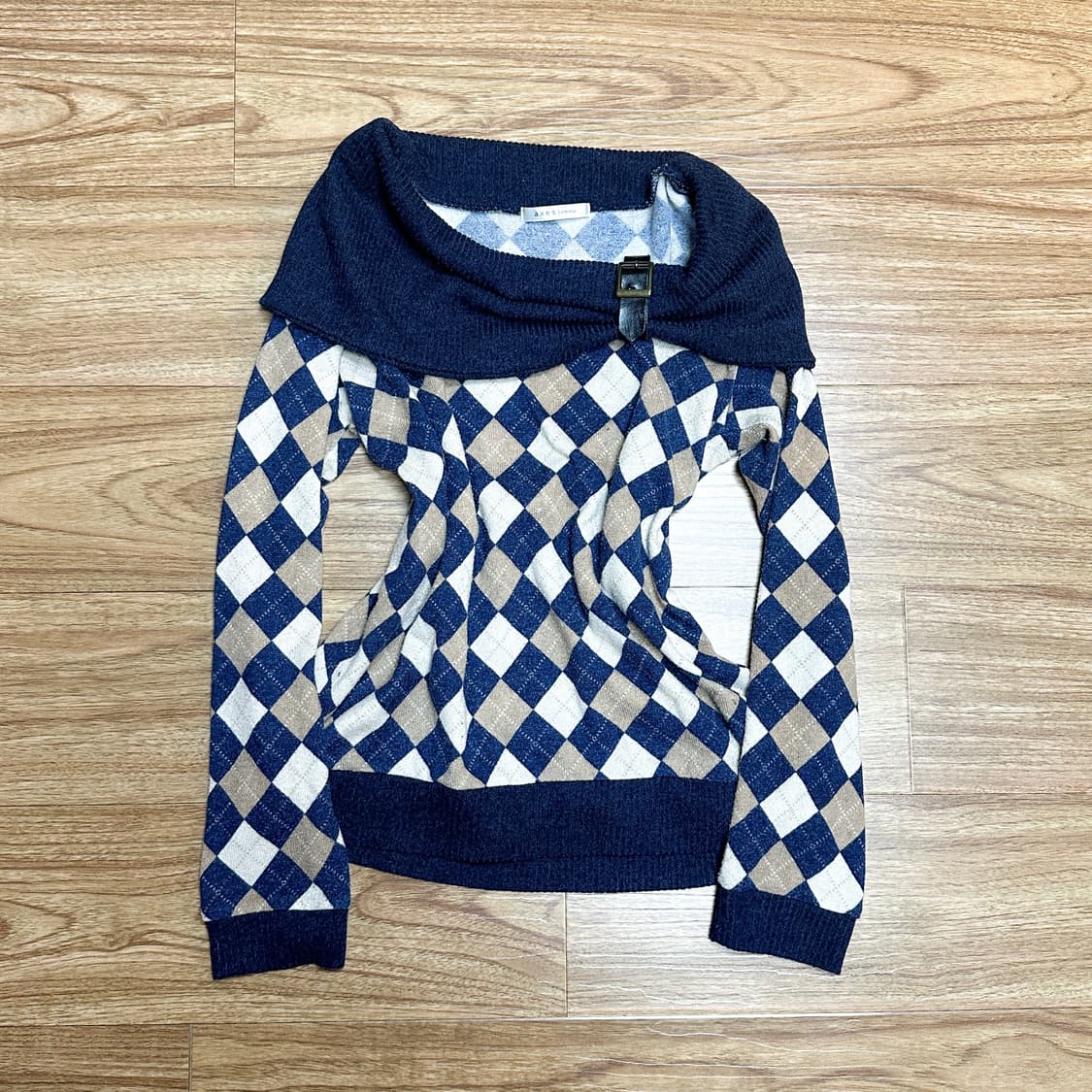 빈티지 엑시즈팜 아가일 오프숄더 니트 히메갸루 로걀 라떼 긱시크 모리걸 상품이미지1