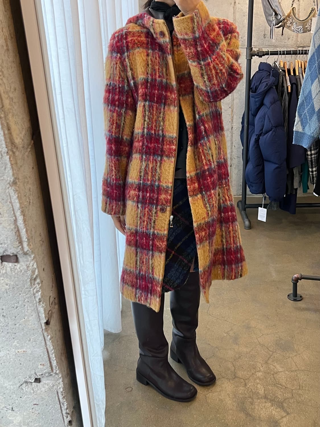 DONNA UNO 헤어리 체크패턴 미디 코트 상품이미지2