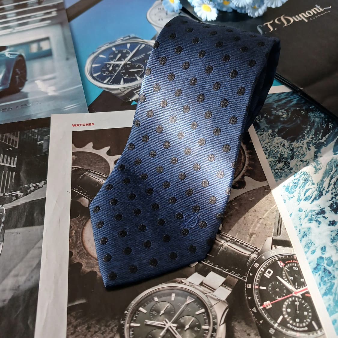 에스 티 듀퐁 실크 혼방 네이비 도트 넥타이 8cm A등급 A19434
 상품이미지4