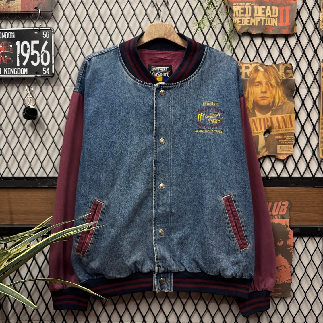 90s USA VINTAGE 데님 바시티자켓 버건디 배색 중청 상품이미지1