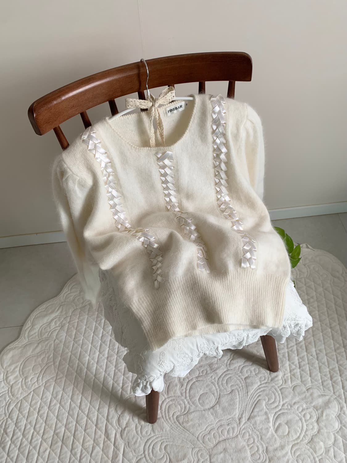 울 90 아이보리 리본 니트 상품이미지1