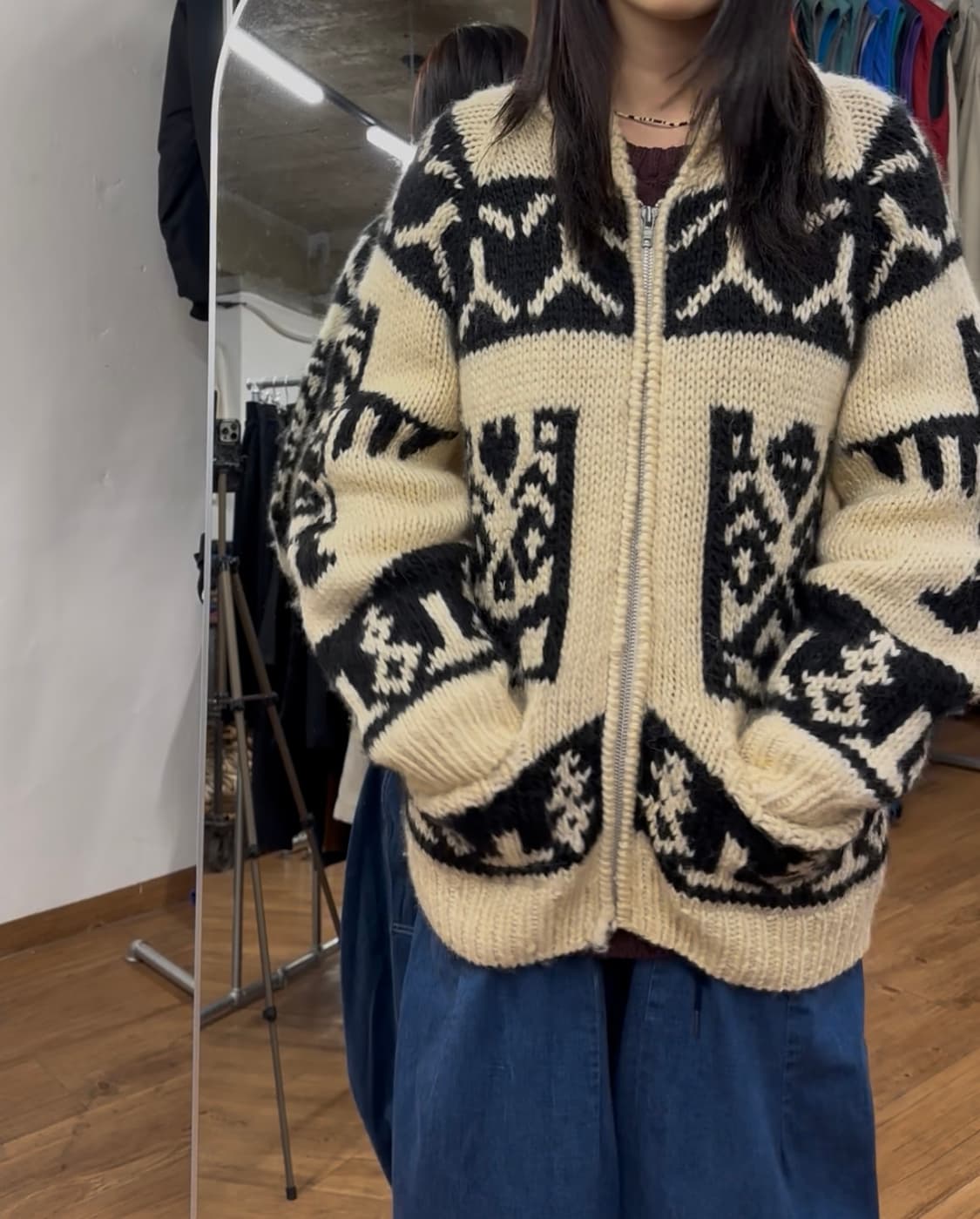빈티지 인디안 코위찬 니트집업 상품이미지1