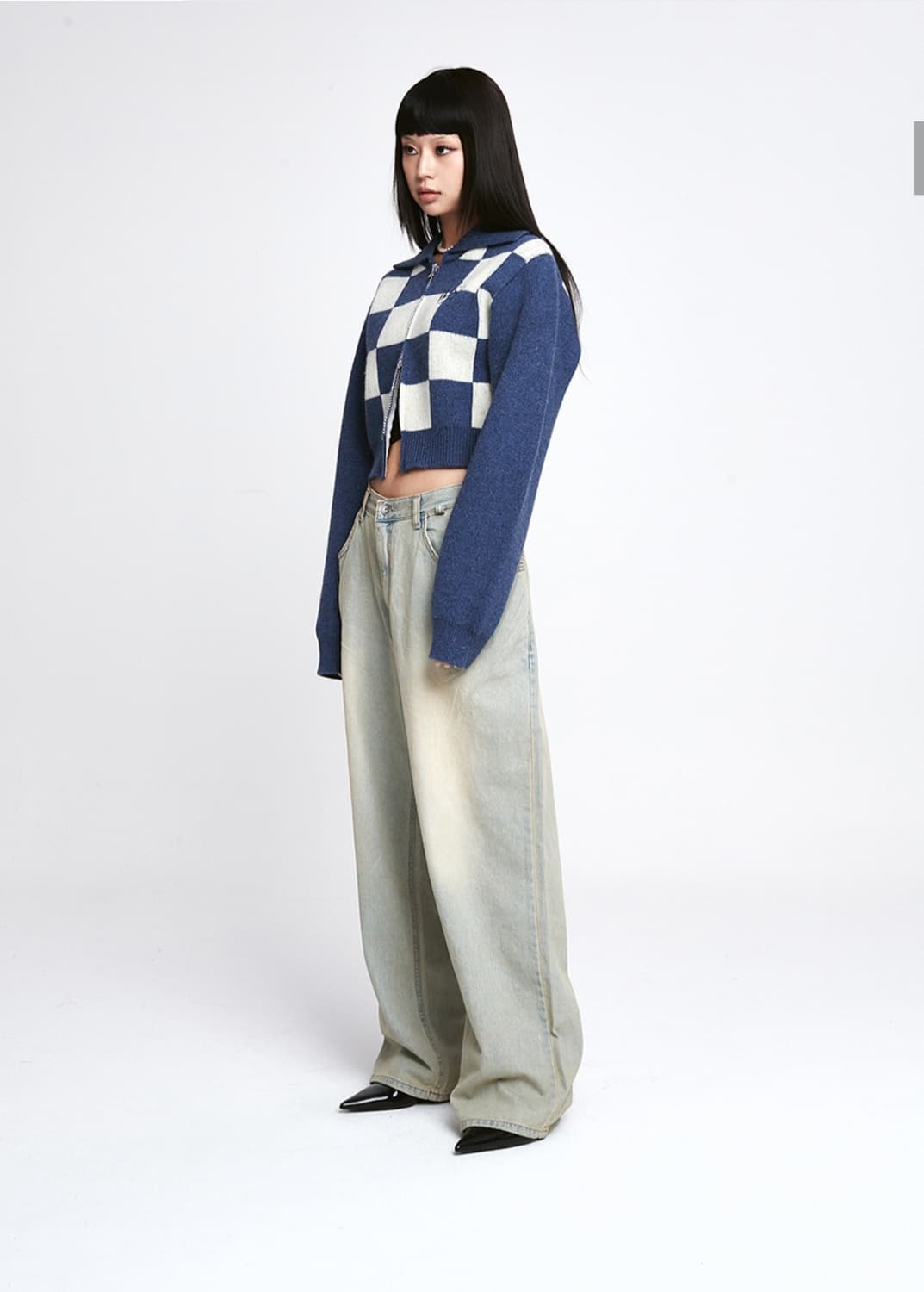 원더비지터 Wool Checkerboard Knit zip-up blue 상품이미지4