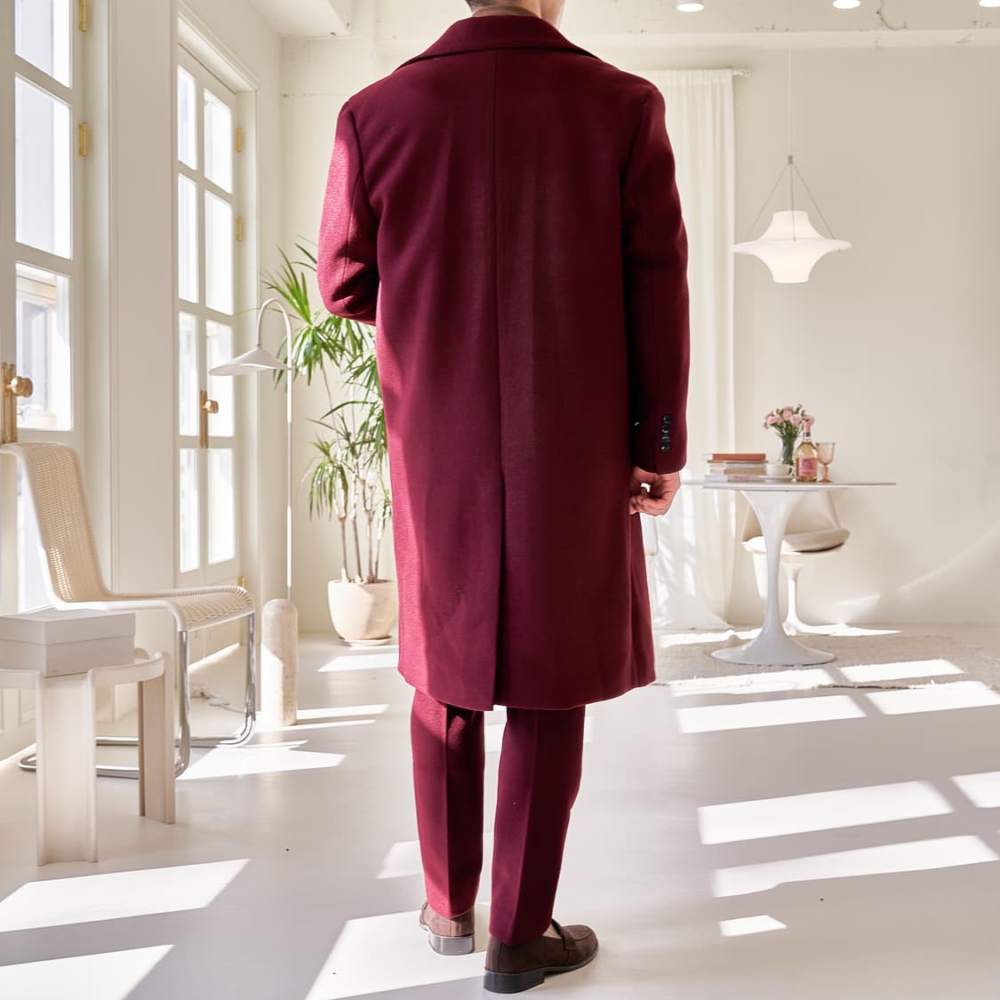 남자 세미오버핏 울 더블 브레스티드 롱 코트 (버건디) 105(XL) 상품이미지5