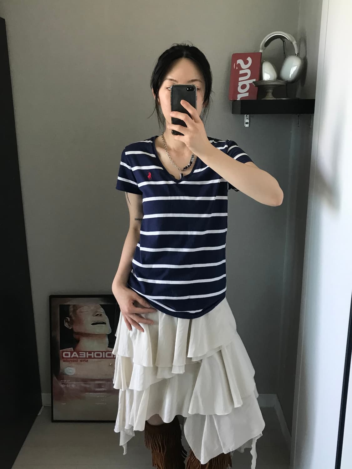 폴로 랄프로렌 스포츠 포니 로고 스트라이프 브이넥 반팔티 상품이미지1