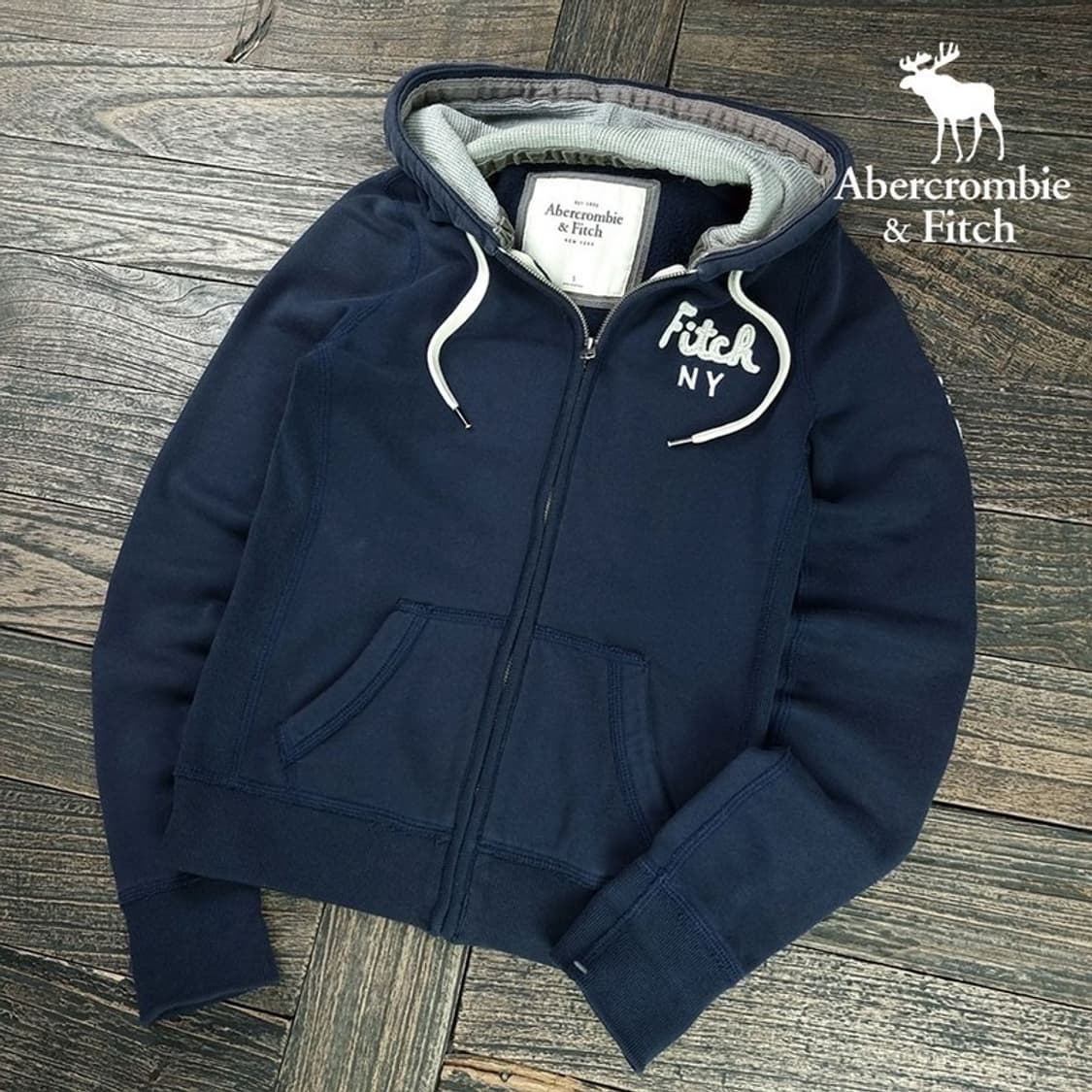 [아베크롬비] Y2K 빈티지 로고 패치 후드 집업 네이비 M20296 상품이미지1