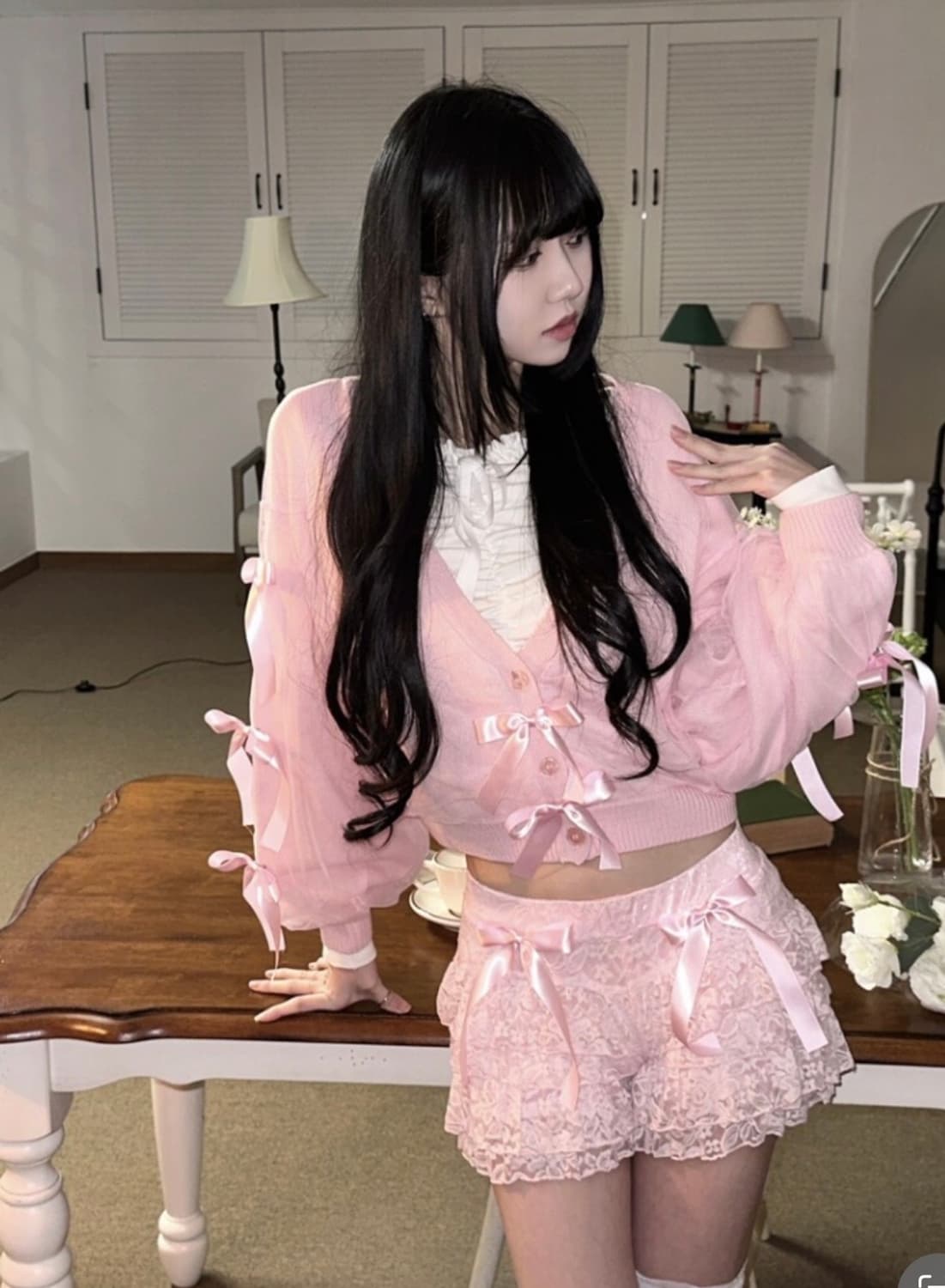 프루티퍼커리 발레코어 레이스 가디건 리본 핑크 로걀탑 히메갸루  상품이미지1