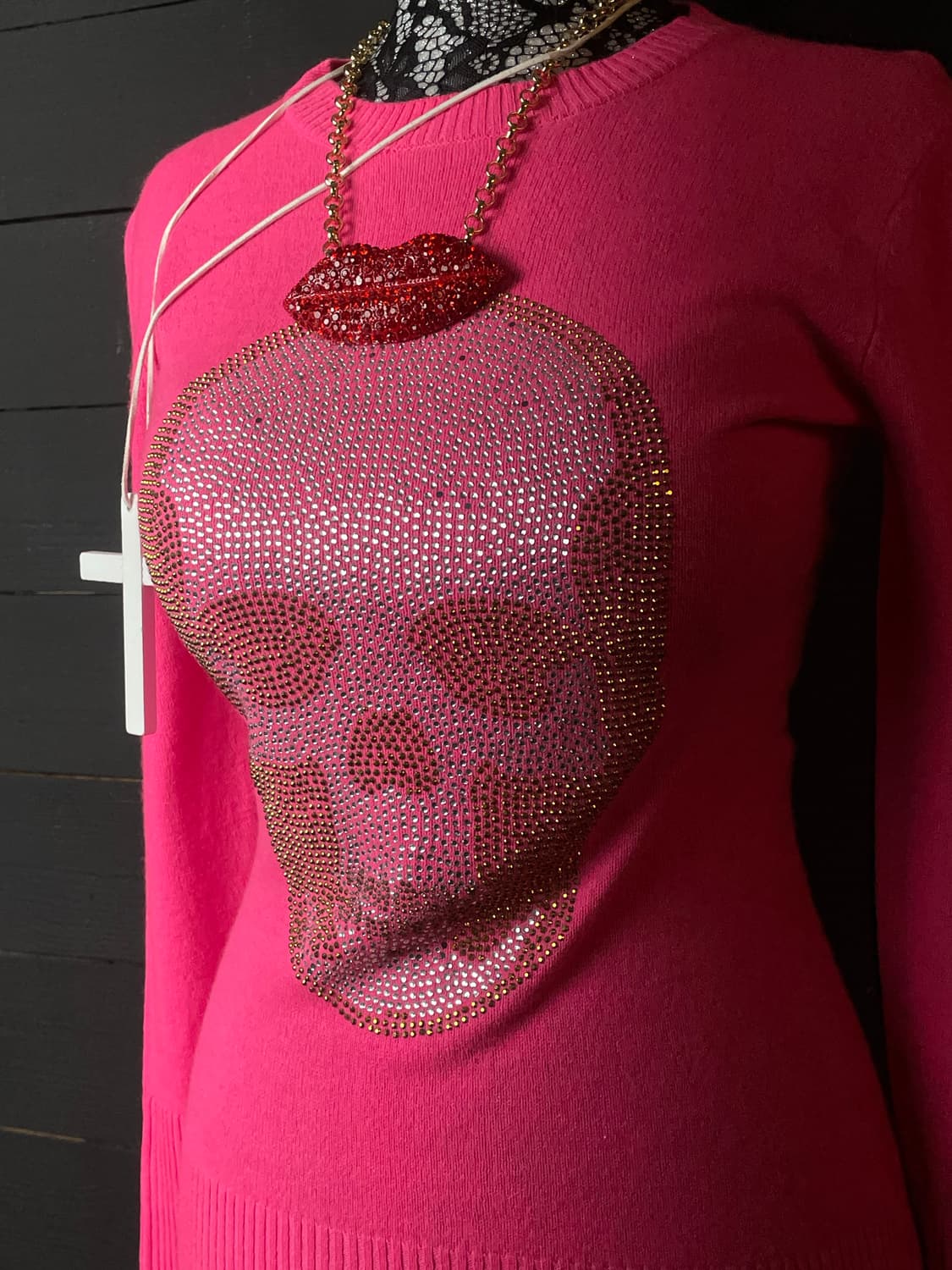 JPN 핑크 스컬 해골 핫픽스 큐빅 캐시미어 니트 롱슬리브 상품이미지4