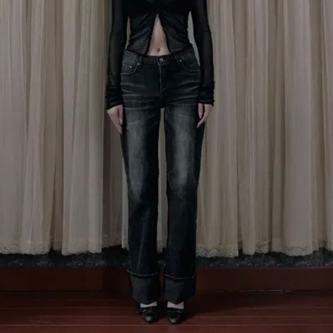 보헤미안서울 세미 와이드 롤업 진 스노우 블랙 상품이미지1