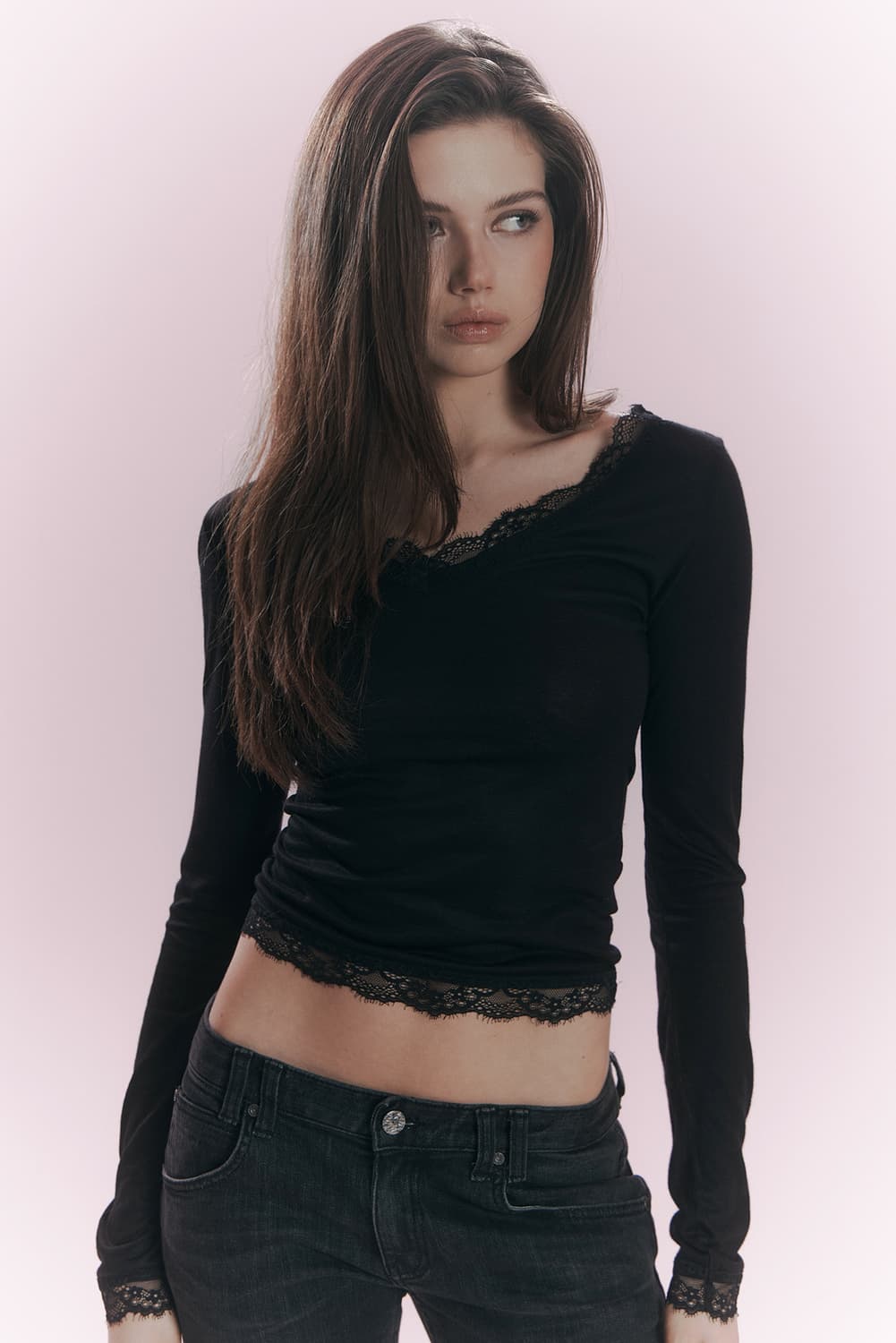 플리즈노팔로우 카네 레이스 롱 슬리브 탑 블랙 상품이미지3