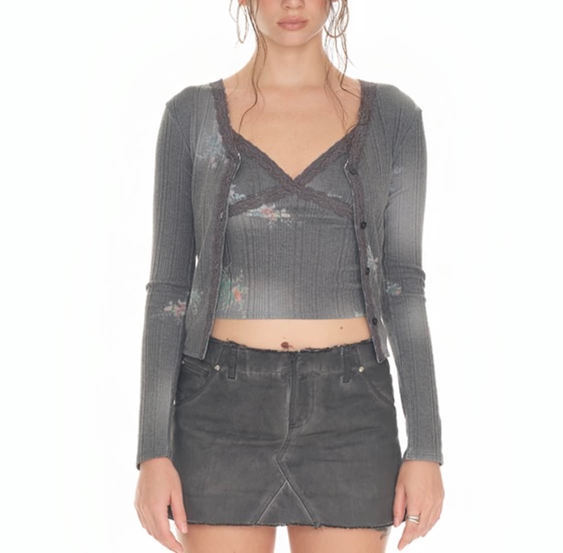 투머치택스 Floral lace ribbed 가디건, 나시 세트 상품이미지1