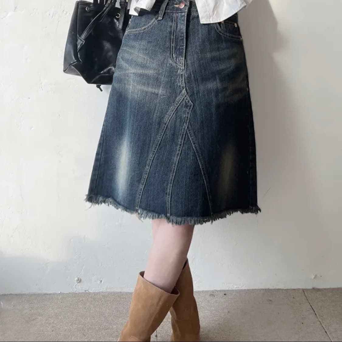 미디 데님 흑청 스커트 상품이미지4