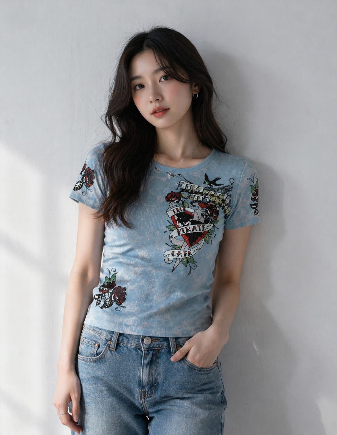 [L] 빈티지 Skinny Minnie 타투 아트 라인스톤 티셔츠 상품이미지1