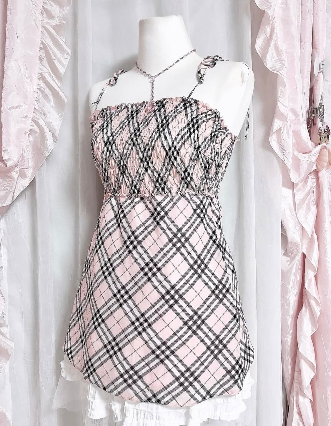 빈티지 버버리 블루라벨 노바체크 딸기우유 핑크 나시 슬리브리스 상품이미지2