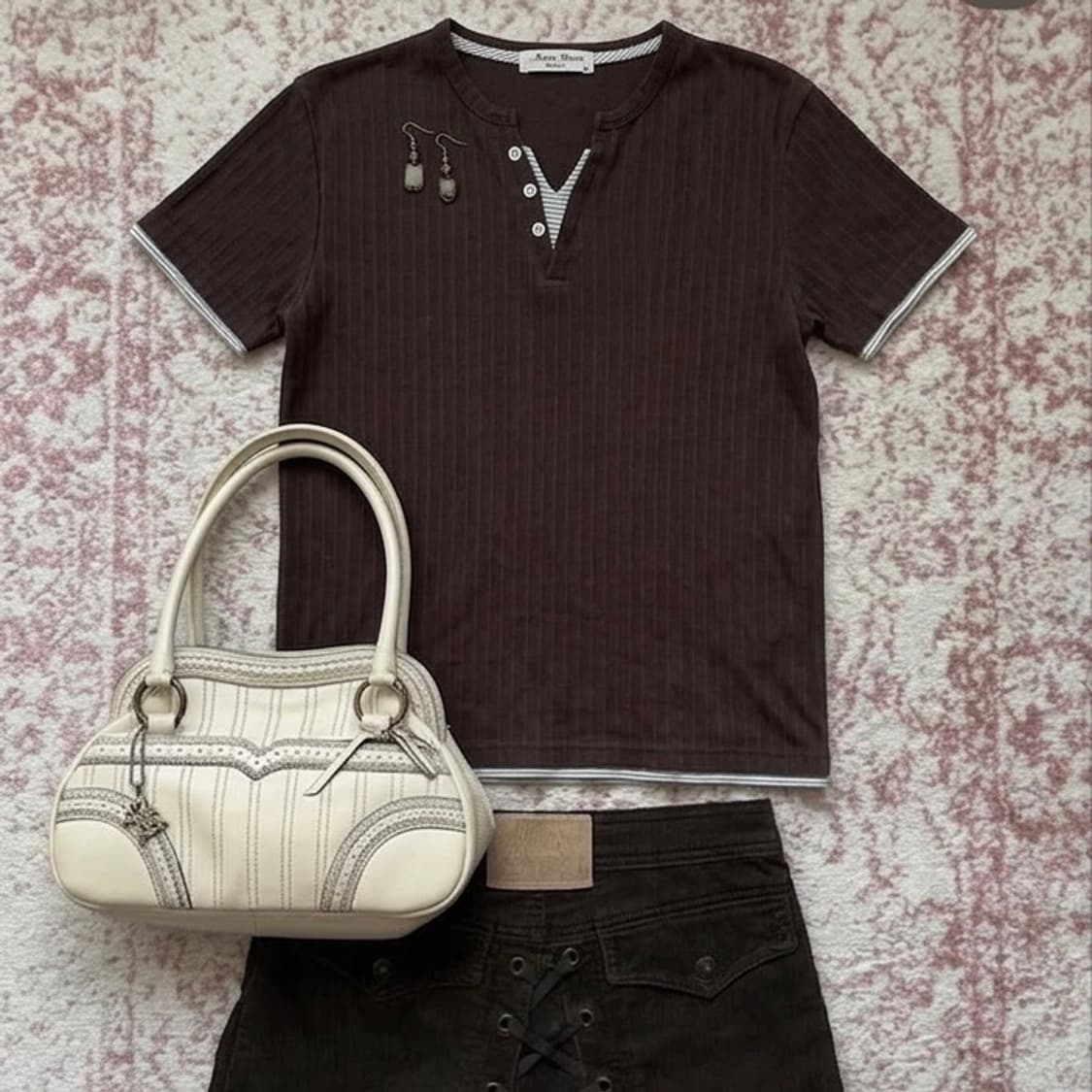 빈티지 초코 브라운 레이어드 모리 반팔 975 y2k 스트릿 갸루 펑키  상품이미지1