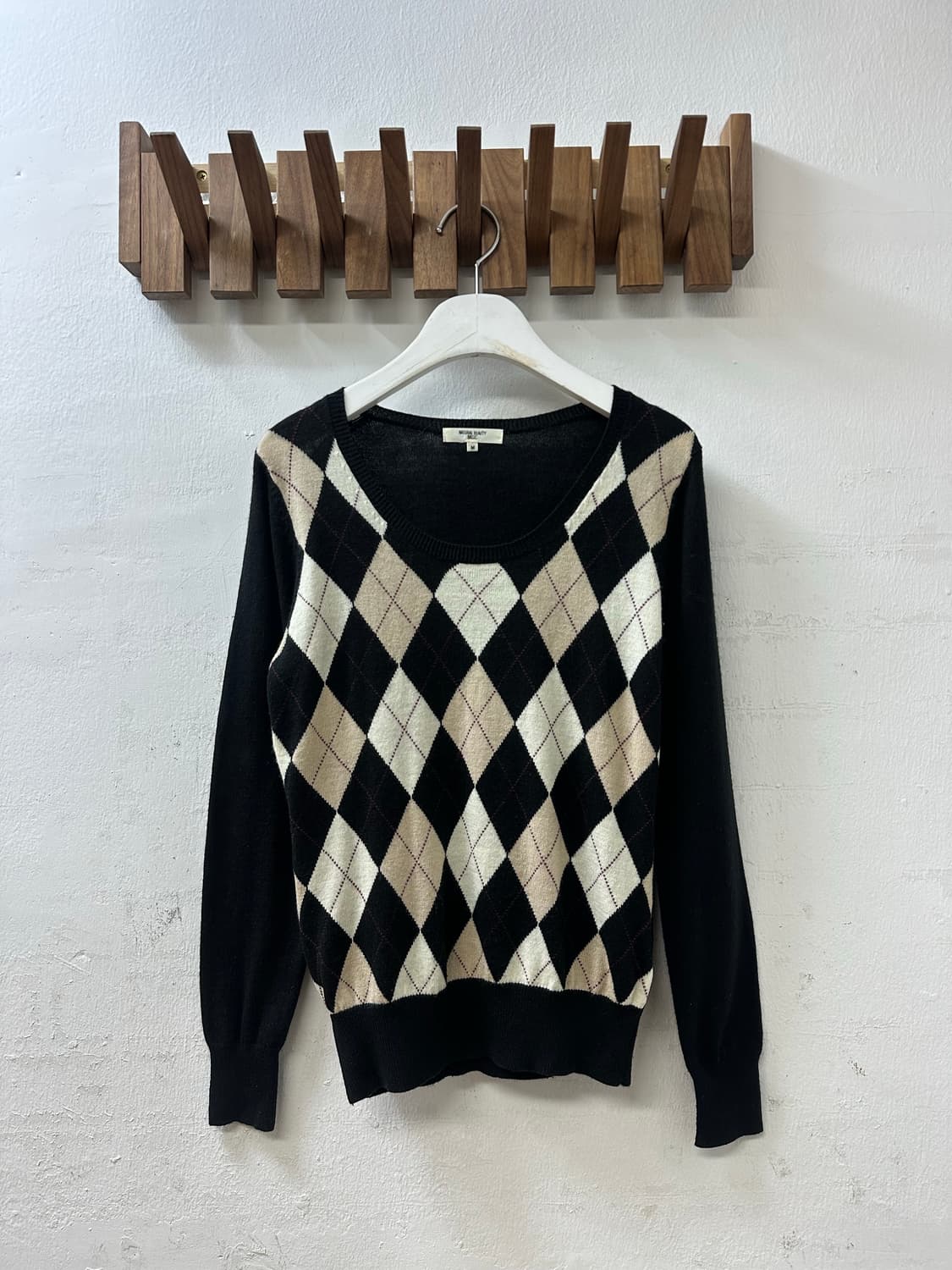 일본빈티지 라운드넥 울 혼방 블랙 아가일 니트  상품이미지1