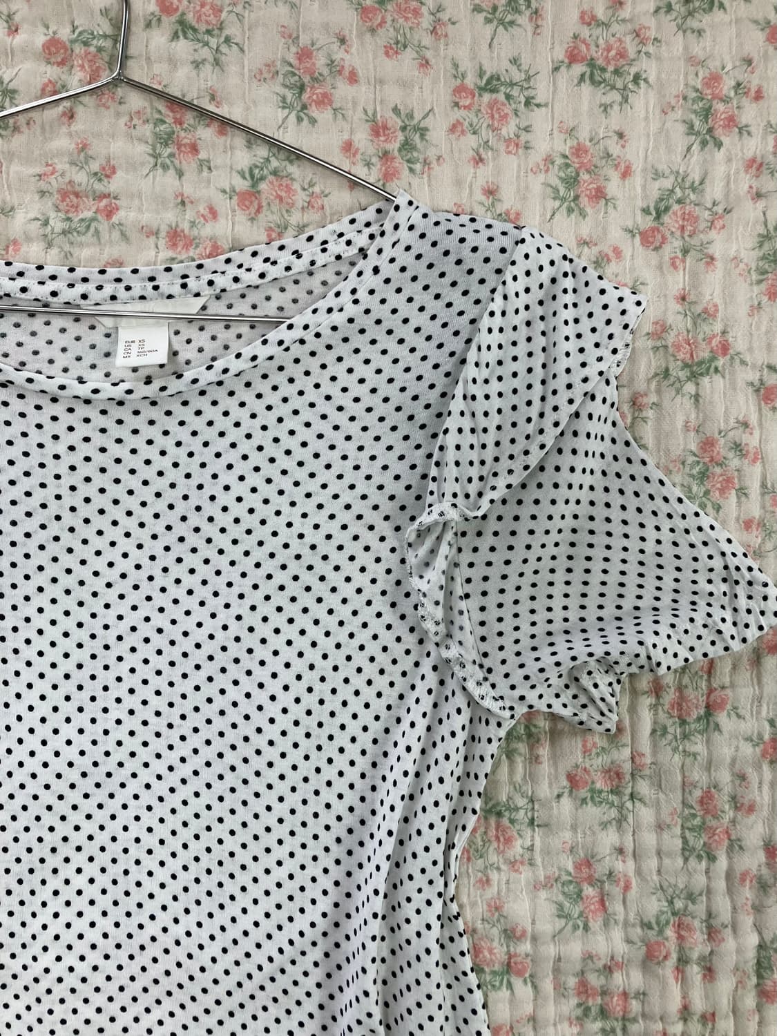 빈티지 화이트 도트 숄더 셔링 반팔 1034 y2k 스트릿 갸루 펑키 일 상품이미지3