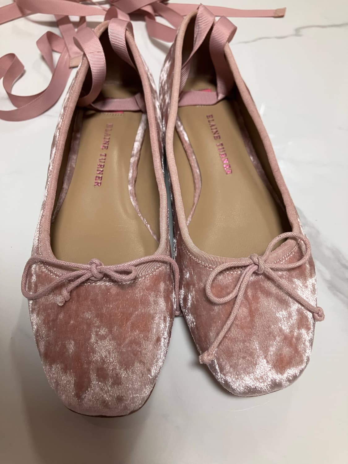 elaine turner 발레 플랫 슈즈 스트랩 벨벳 발레코어 핑크 리본 상품이미지2