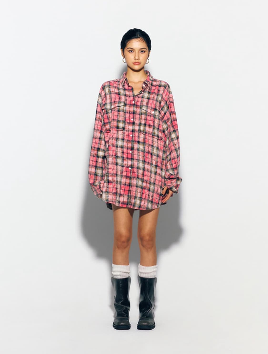 에즈이프캘리 더티워싱 오버핏 체크셔츠 핑크 상품이미지1