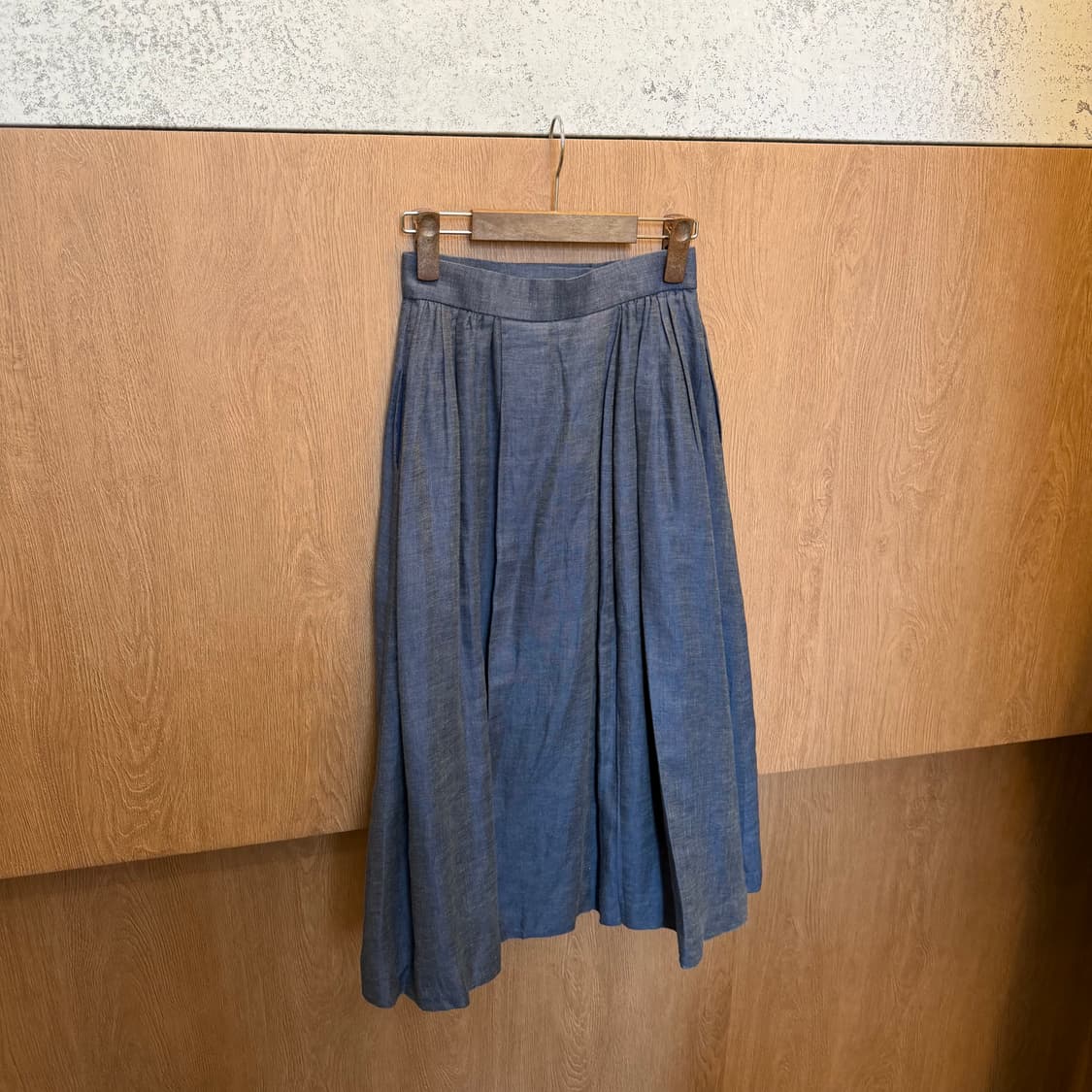 빈티지 코튼 롱 스커트 더블 버튼 턱 플리츠 디테일 네이비 상품이미지5