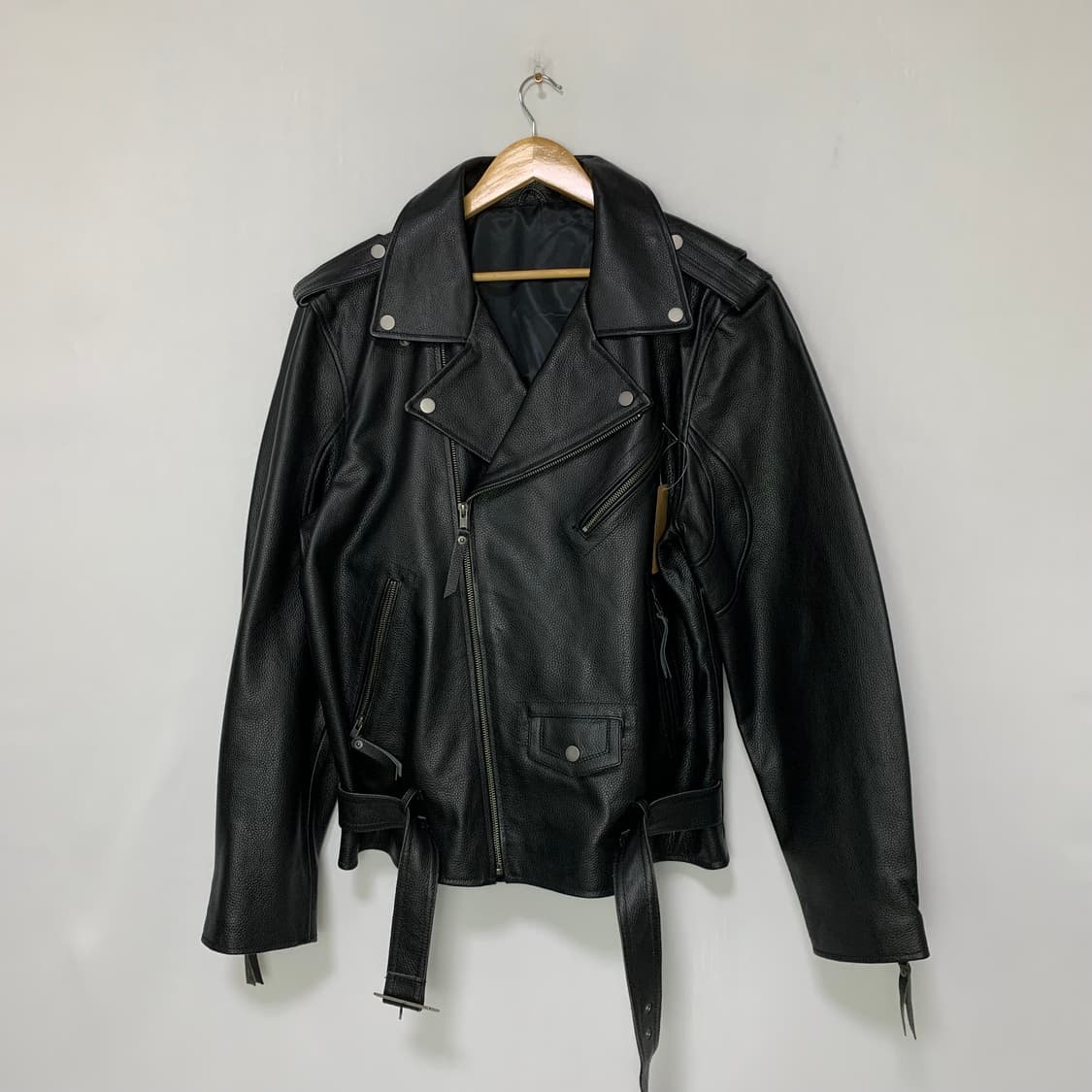 빈티지 사선 지퍼 벨트 리얼레더 라이더 자켓 소가죽 블랙 L 상품이미지1