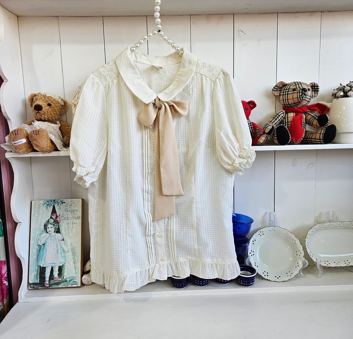 크림 아이보리 리본 레이스 블라우스 상품이미지2