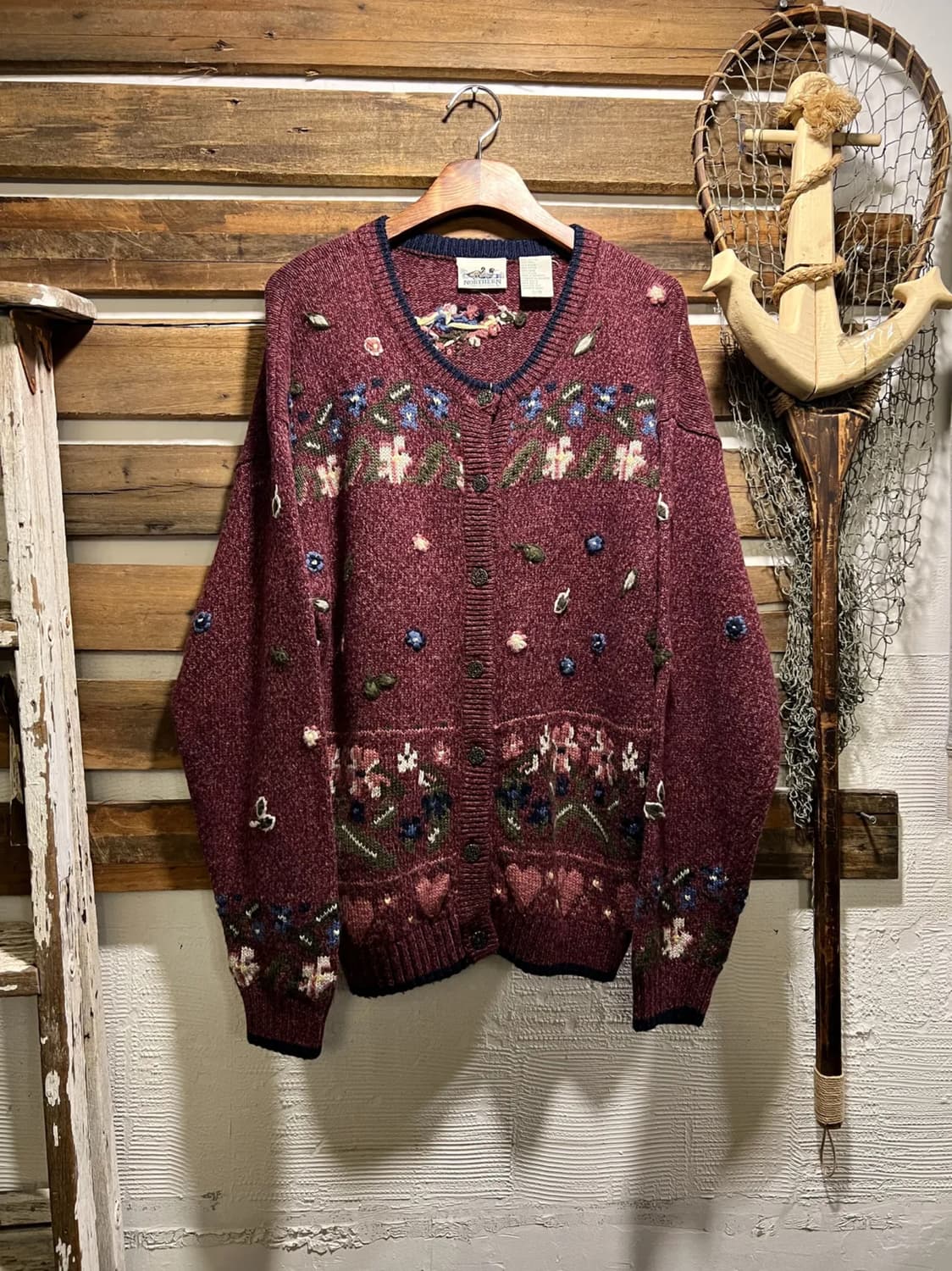[L]90's USA 빈티지 플라워 패턴 버건디 그랜마 니트 가디건 상품이미지1