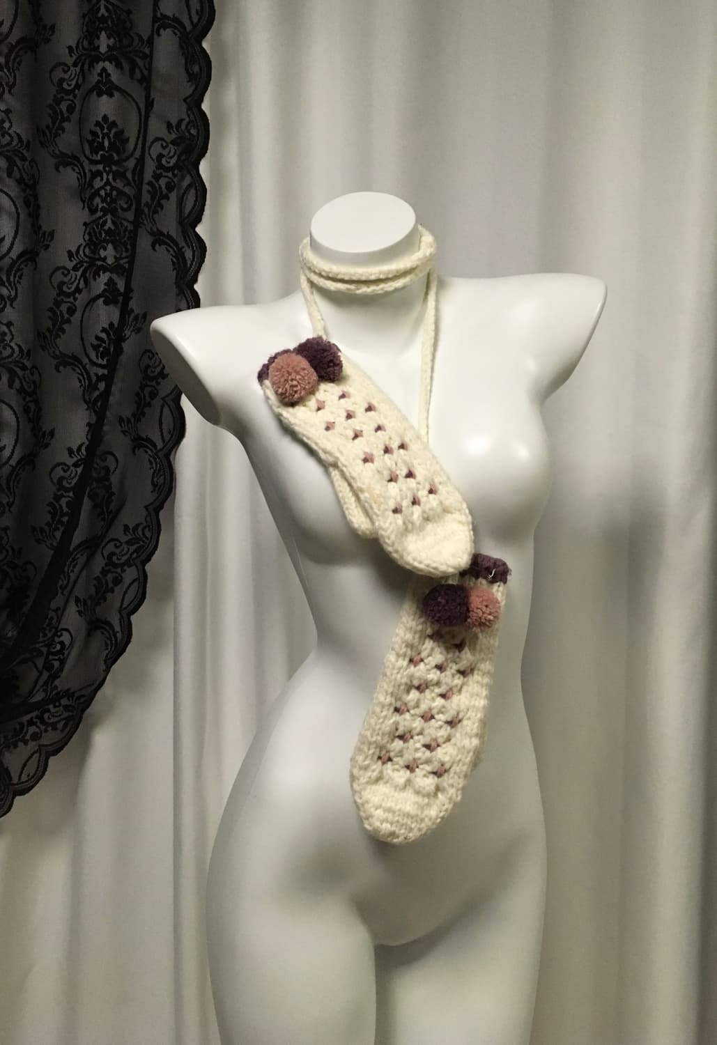 Vintage 하구미 모리걸 폼폼 뜨개 자수 벙어리 장갑 아이보리 상품이미지1